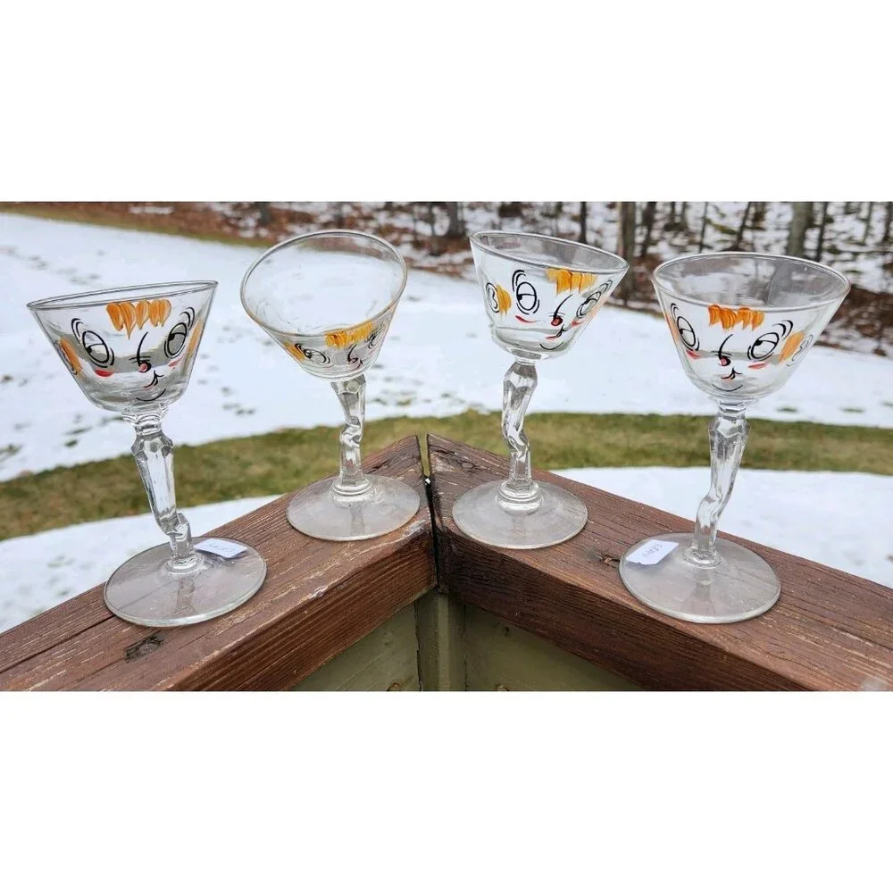 4 Vintage Gay Fad Beau Brummel Novelty Tipsy Martini Barware Cocktail Bar Glass